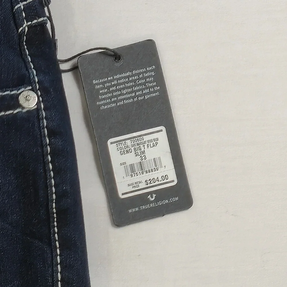 New True Religion Geno Men's Size 33x32‎ Dark Wash Big T Flap Jeans